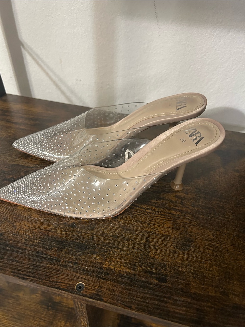 Zara Nude Crystal-Studded Pointed-Toe Clear Mules